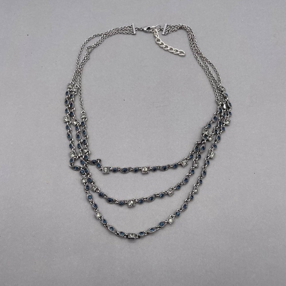 Givenchy Blue & Clear Crystal Multi Strand Necklace Silver-Tone 18 to 20 in - Picture 3 of 8